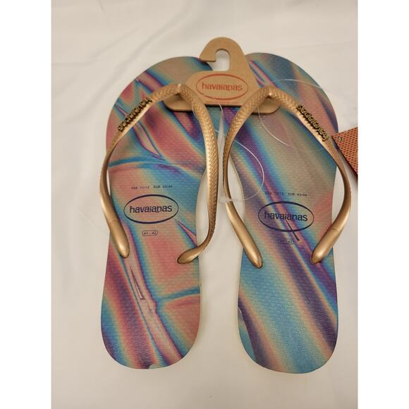 NWT Women's Havianas Flip Flop Sand Gray Slim Iridescent Gold 11 - Picture 3 of 4
